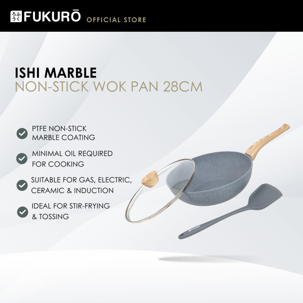 HH 3903 – Fukuro Ishi Marble Wok Pan 28cm Set with Silicone Turner – Without Packaging