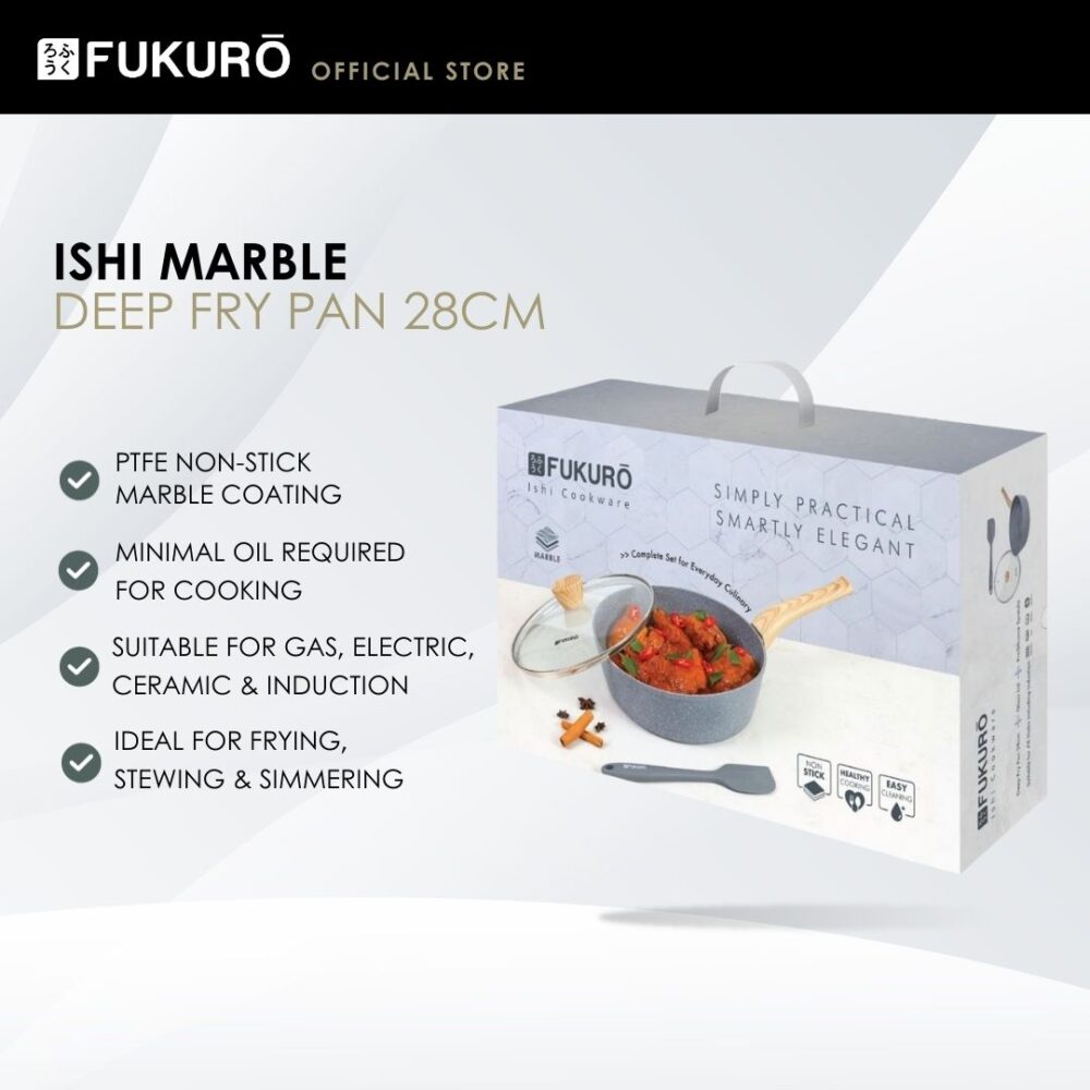 Fukuro Ishi Marble Deep Fry Pan 28cm Set with Silicone Spatula