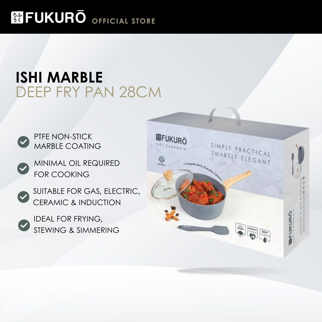 HH 3904 – Fukuro Ishi Marble Deep Fry Pan 28cm Set with Silicone Turner – With Packaging