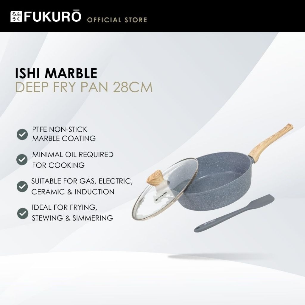 HH 3904 – Fukuro Ishi Marble Deep Fry Pan 28cm Set with Silicone Turner – Without Packaging
