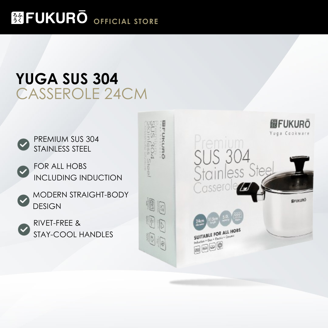HH 3303 – Fukuro Yuga 304 Stainless Steel Casserole With Lid 24cm – With Packaging