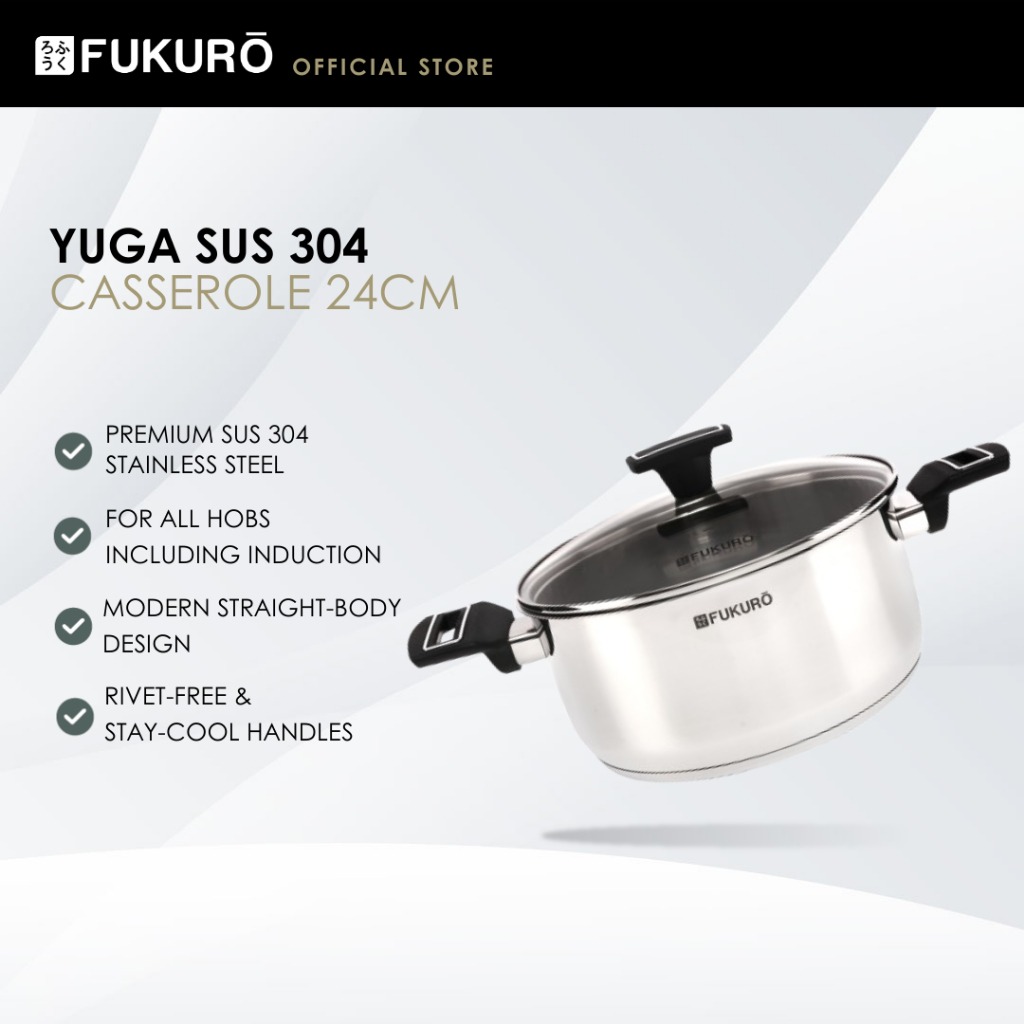 HH 3303 – Fukuro Yuga 304 Stainless Steel Casserole With Lid 24cm – Without Packaging