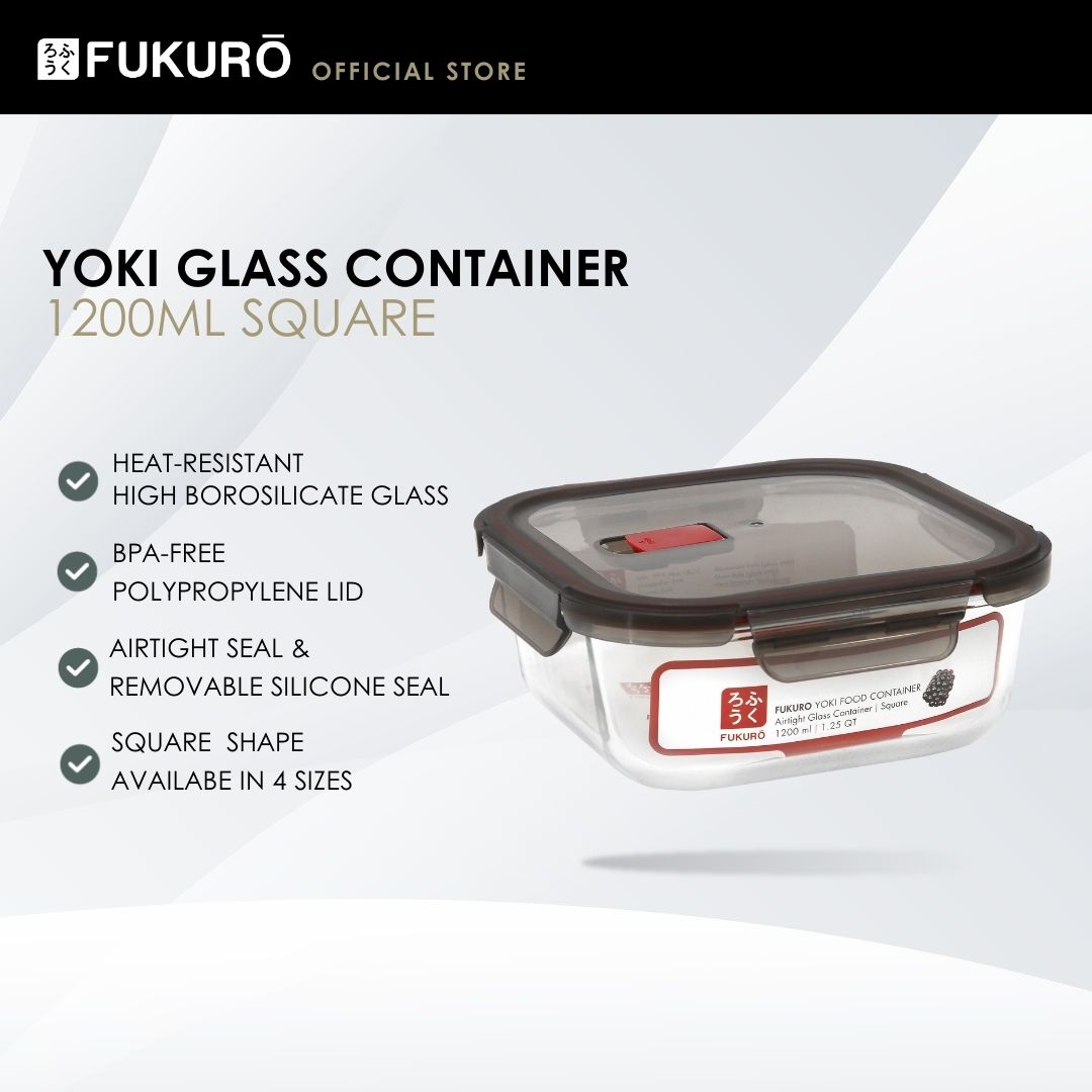 HH 5004 – Fukuro Yoki Borosilicate Glass Container 1,200ml Square – Close Cover