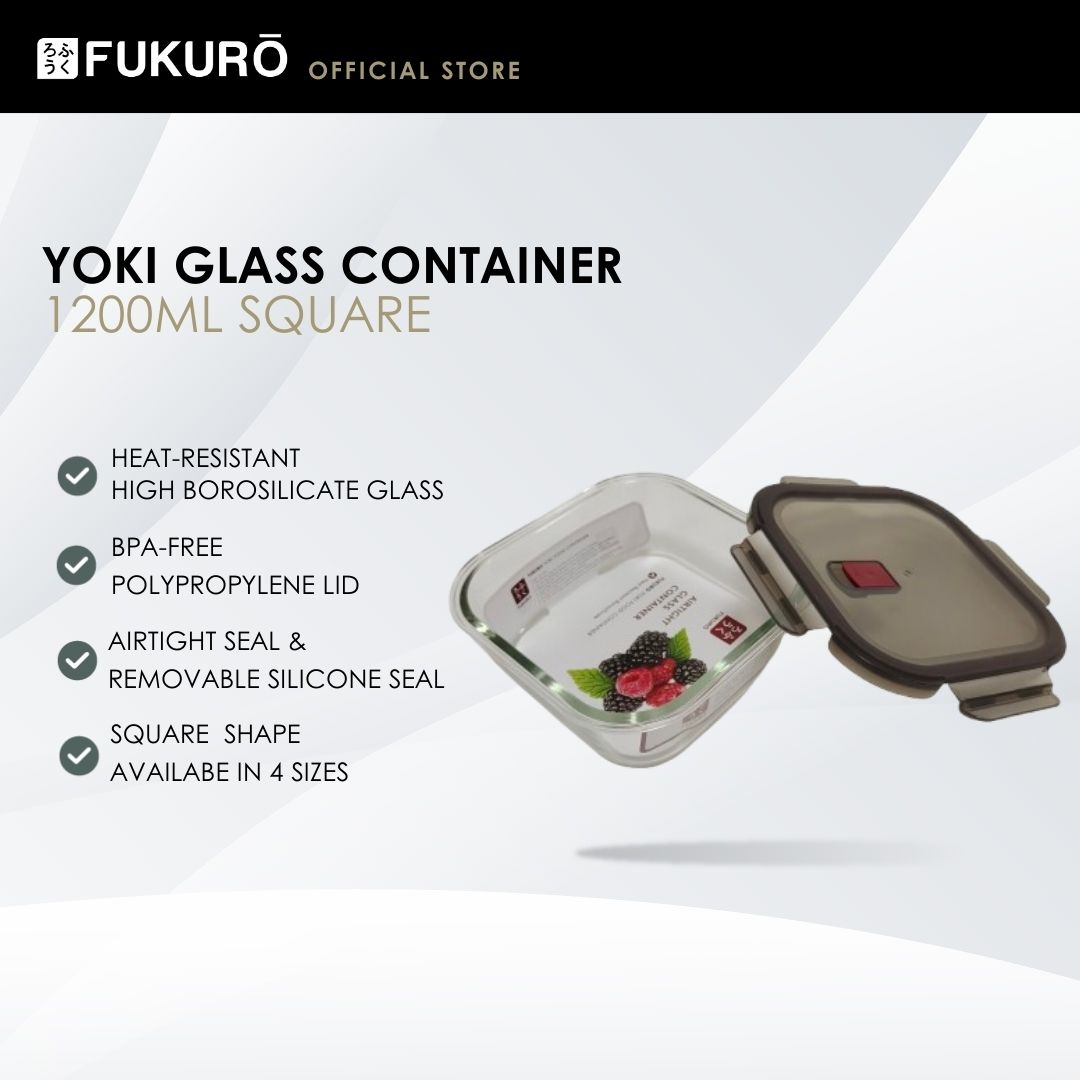 HH 5004 – Fukuro Yoki Borosilicate Glass Container 1,200ml Square – Open Cover
