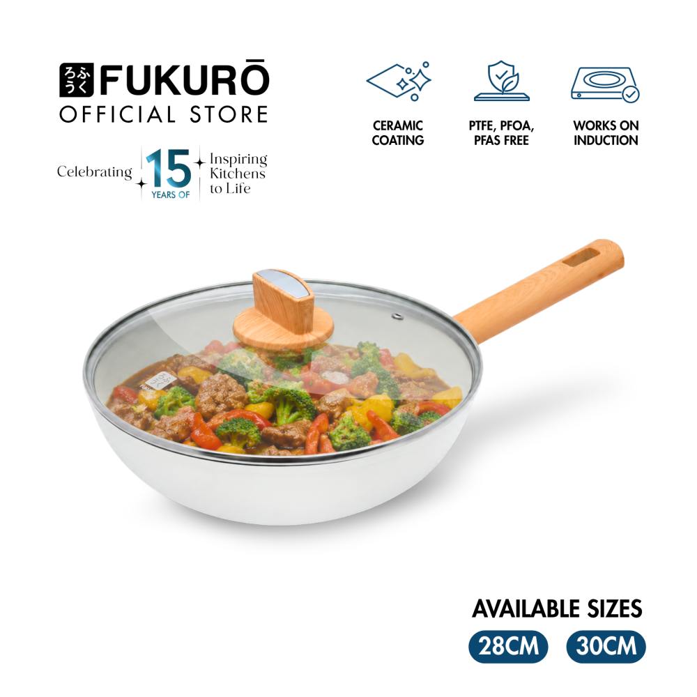 Fukuro Shiro Ceramic Non-Stick Wok Pan 28cm with Lid