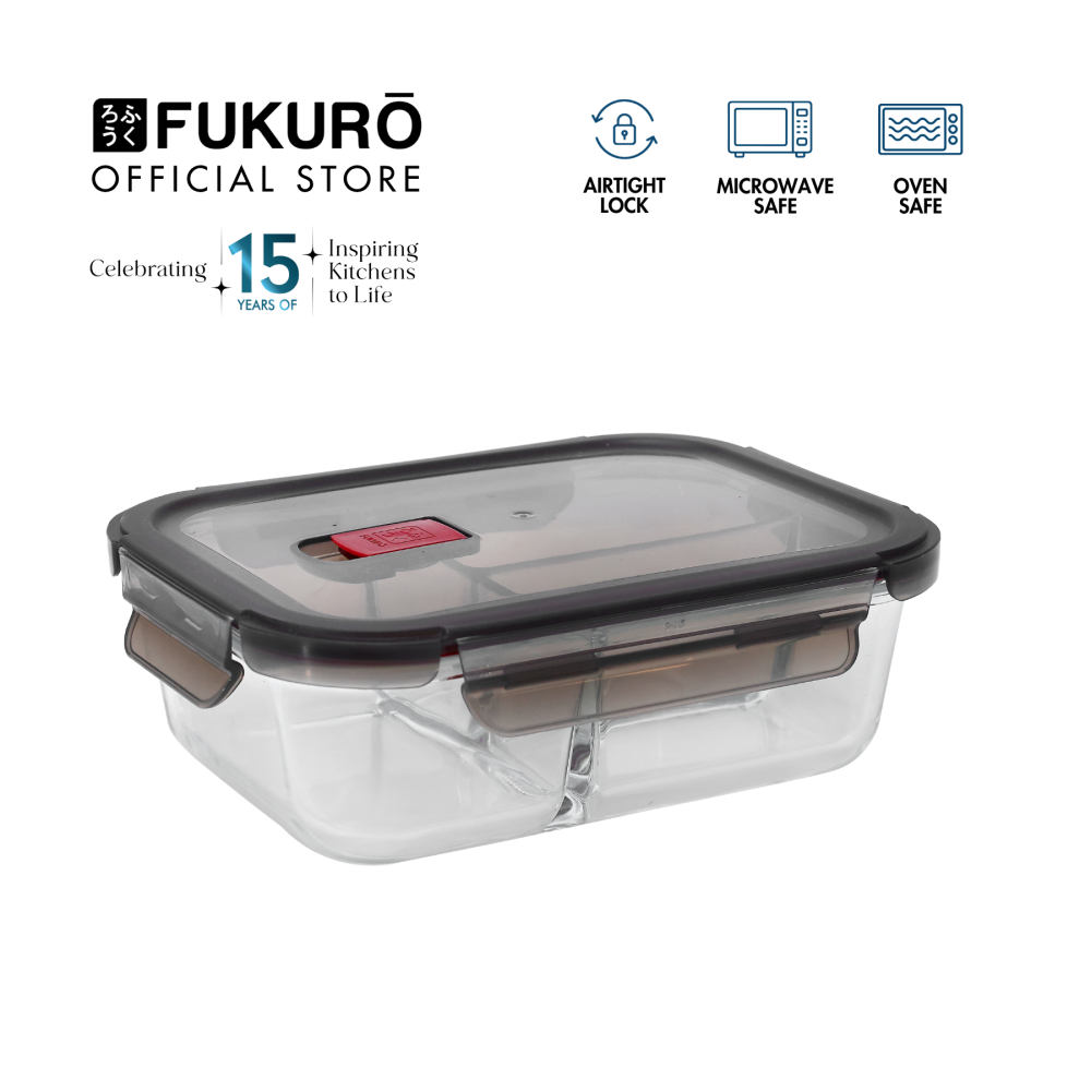 Fukuro Yoki Borosilicate Glass Container 960ml Rectangle (Tri Compartment)